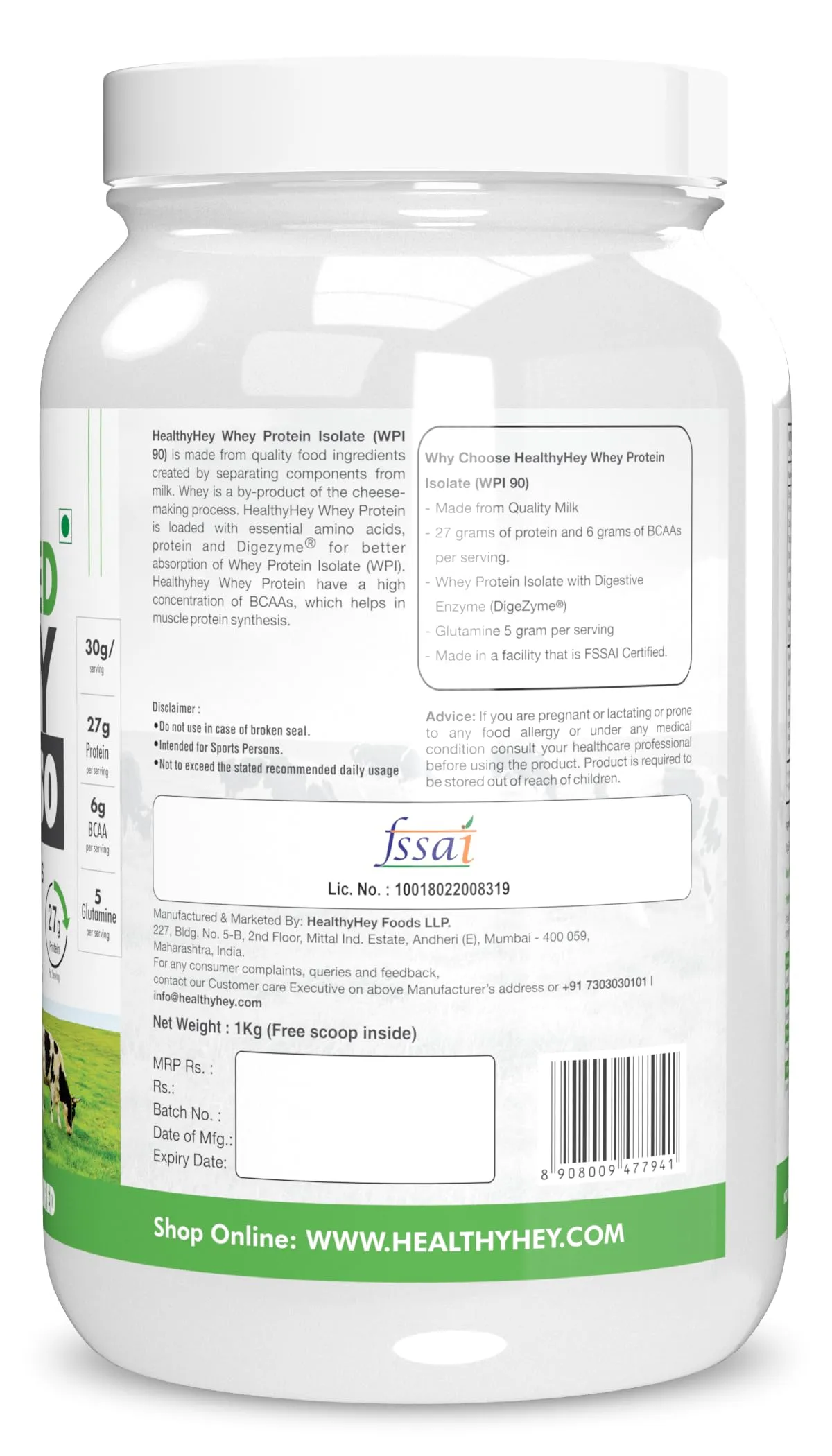Healthyhey Nutrition Grass-Fed Whey Protein Isolate - 1kg (Unflavoured)