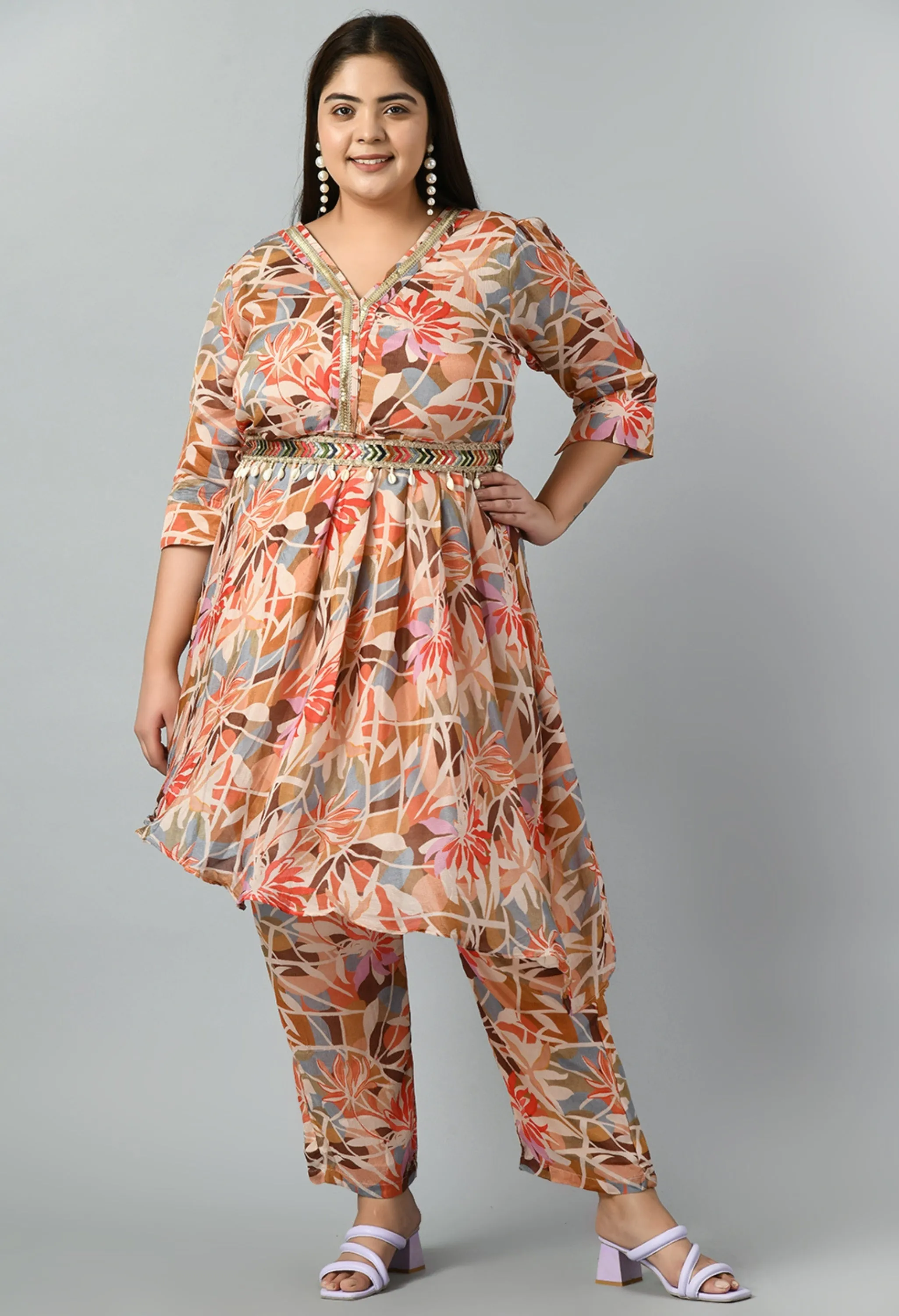 Plus Size Rainbow Abstract Pure Chinon Printed Co-ord Set with Designer Belt